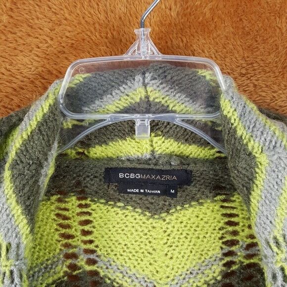 BCBG MAXAZRIA Womens Sweater Medium Green Cardigan Chevron Stripe Loose Knit - Picture 2 of 8